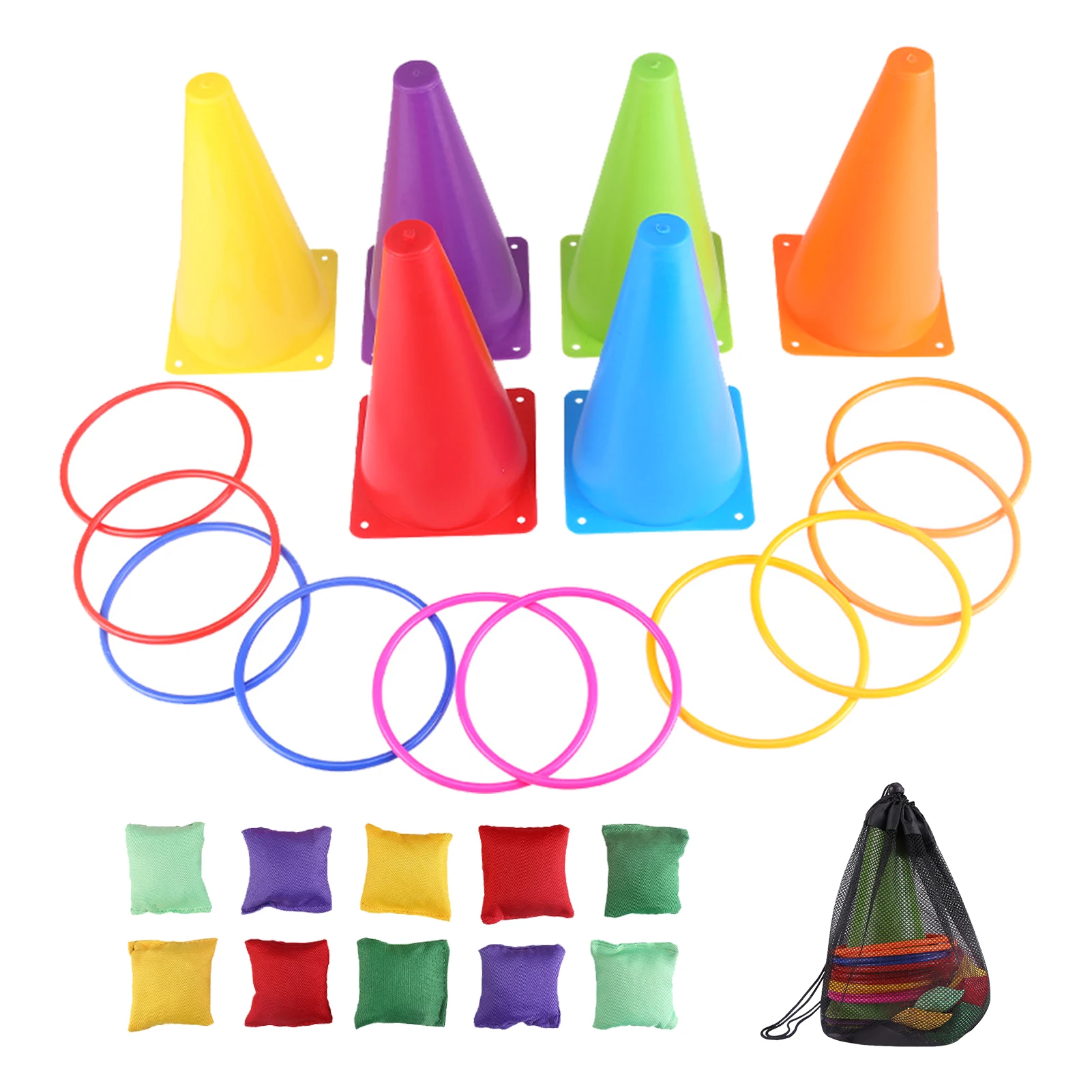 

27pcs Colourful Indoor Outdoor Combination Cone Marker Carry Pouch Children AdultsBag Carnival Ring Gift Toss Game Set