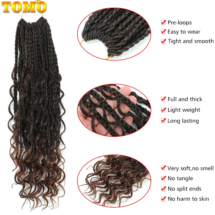 TOMO Boho Box Braids with Curly Ends Pre-looped Synthetic Goddess Box  Braids Crochet Hair Bohemian Hippie Braiding Hair