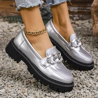 Lucyever Silver Platform Loafers for Women 2025 Fashion Metal Chain Thick Sole Shoes Woman Slip On Pu Leather Flats Plus Size 43 1