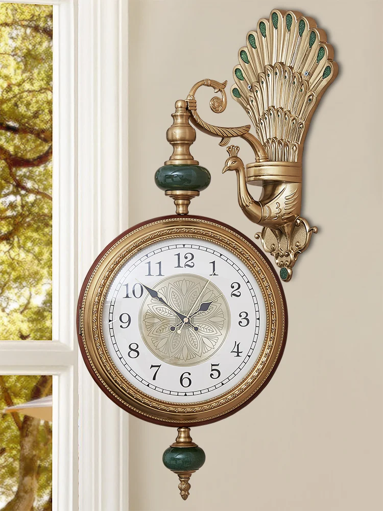

The product can be customized.European Light Luxury Creative Double sided Clock American Peacock Personalized