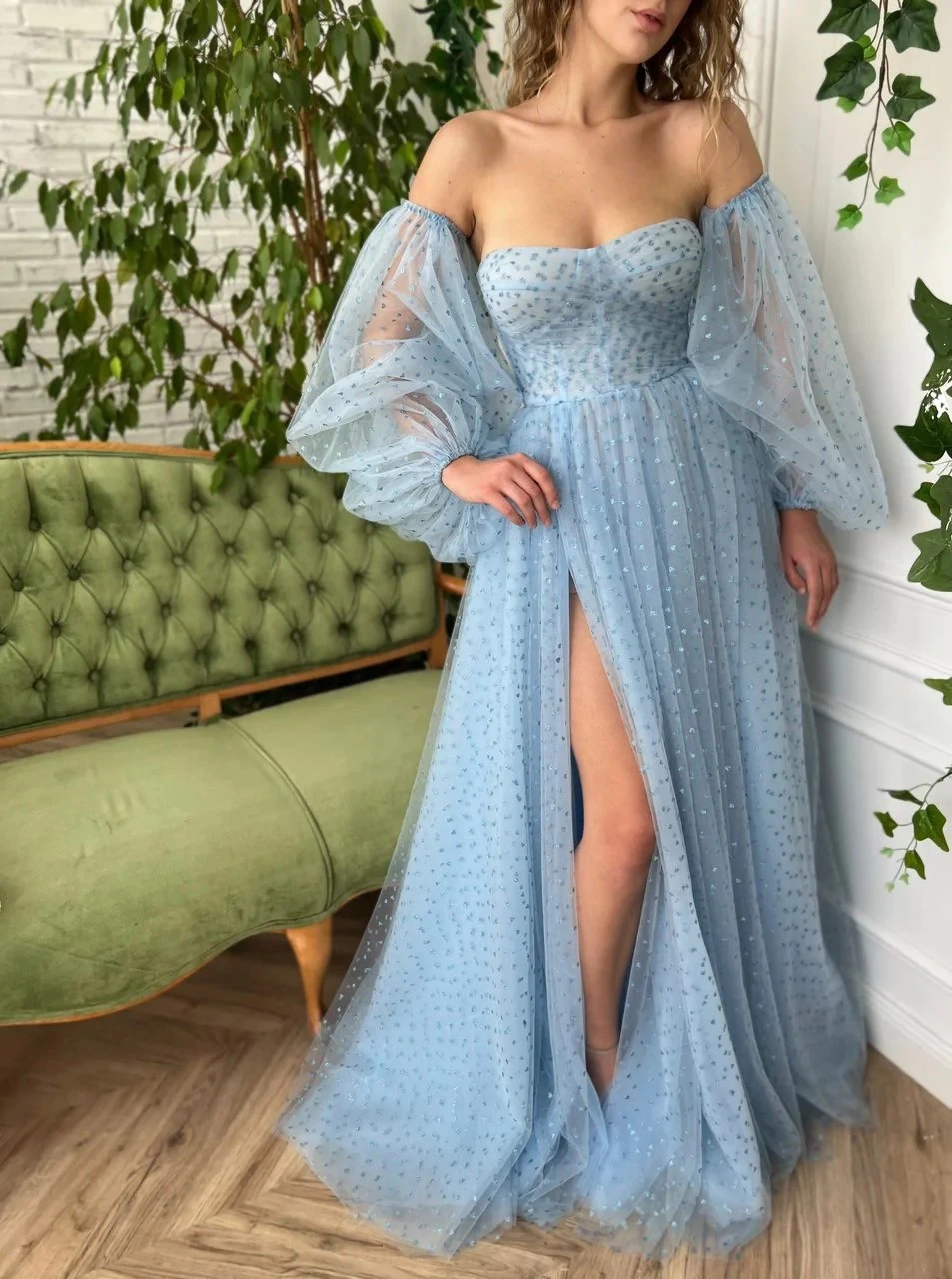 

Sky Blue Moroccan Evening Dresses A-line Sweetheart Floor Length Tulle Slit Long Turkey Dubai Saudi Arabia Prom Dresses Gown