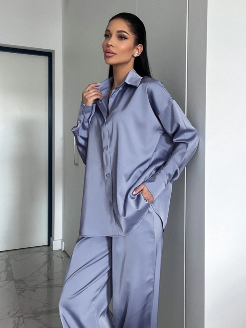 Marthaqiqi Casual Women Nightgown Set Turn-Down Collar Nightie Long Sleeve Sleepwear Wide Leg Pants Ladies Pajamas 2 Piece Suit