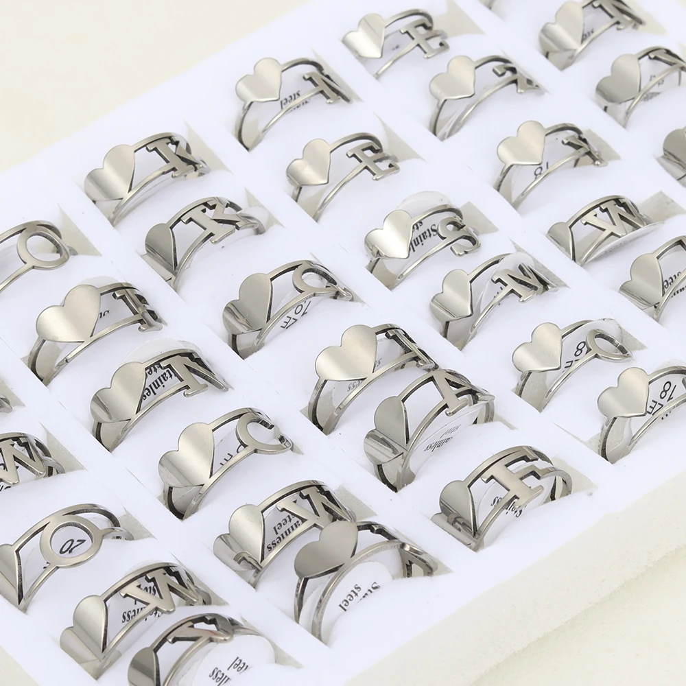 36 Pcs/lot A-Z 26 Letters Heart Stainless Steel Rings for Women Initial Alphabet Couple Ring Female Jewelry Best Friend Gifts 3