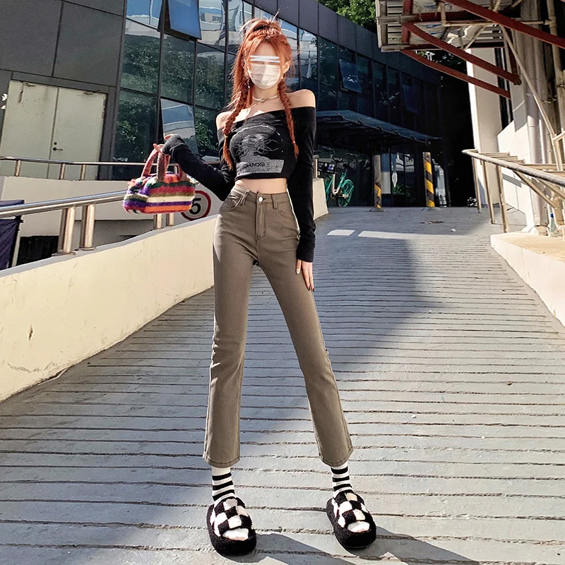 

High waisted straight stretch cropped jeans for women