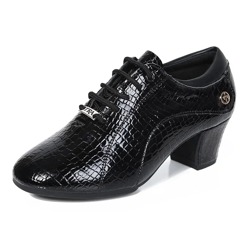Women's Leather Modern Square Dance Shoes Soft Bottom Fashion Latin Sports Teacher Black Red Middle Heel Dance Teacher Shoes 6