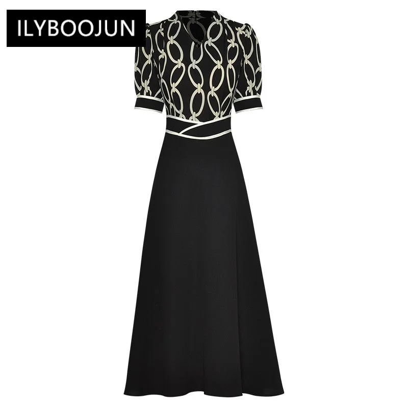 

Dresses For Women 2023 Luxury Brand O Ring Print Dress Women's V Neck Short Sleeve High Waist Hit Color Patchwork Midi Dress