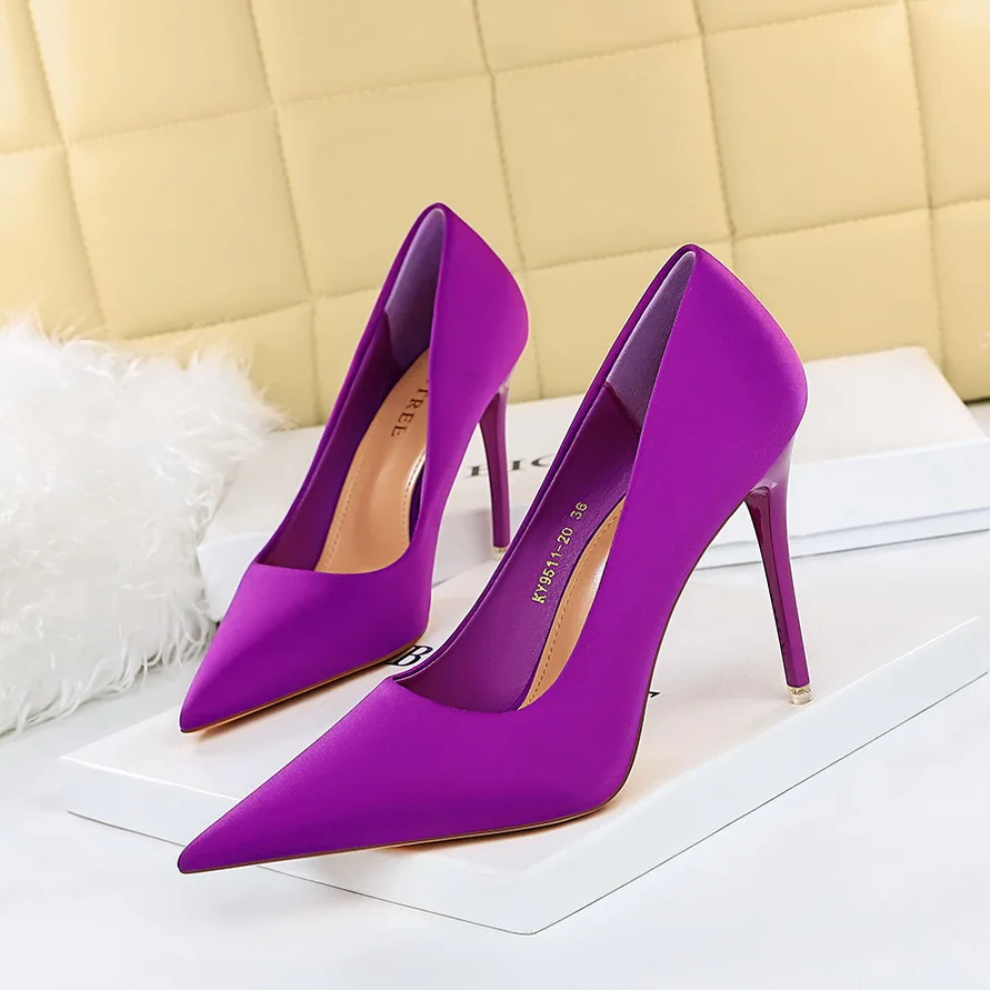 

Spring Women High Heels Shoes Concise Solid Silk Green purple Pointed Shoes High Heels Work Ladies Stiletto Party Pumps 2023