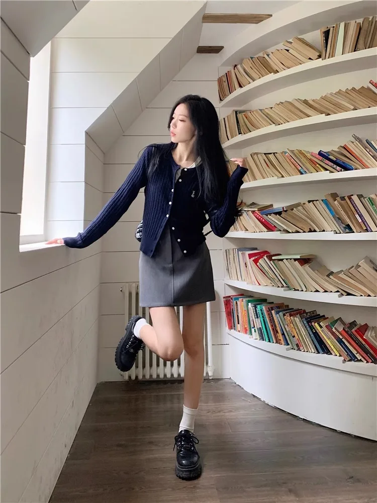 Navy blue rabbit embroidery 100% pure wool cardigan women's thin style long sleeved knitted sweater jacket unique and chic top