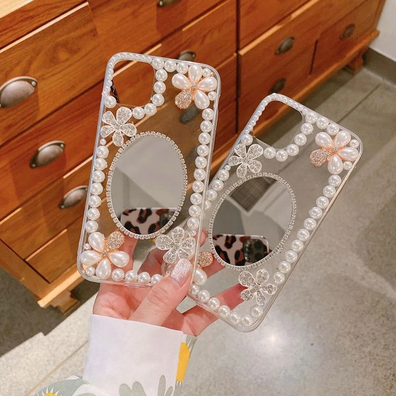 

Glitter Pearl Drops Glue Transparent Pearl Flower Makeup Mirror Phone Case for Samsung A50 A70S 5G A52 A71 4G A51 A72 A73 A53
