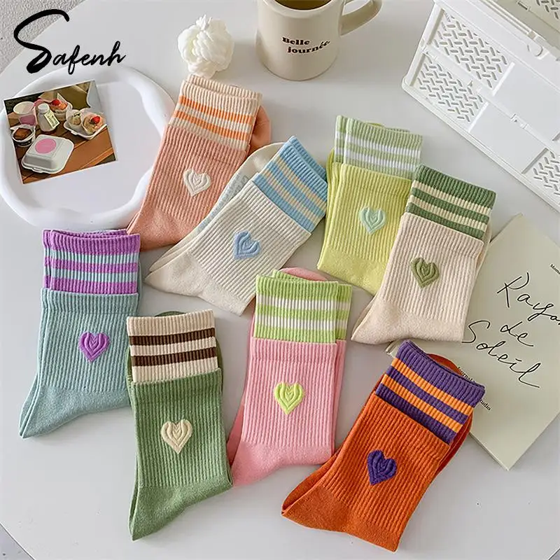 

Sweet Girl Sock Japanese Korean Style Women Socks Macaroon Color Love Heart Embroidered Cotton Sock Harajuku Striped Calcetines