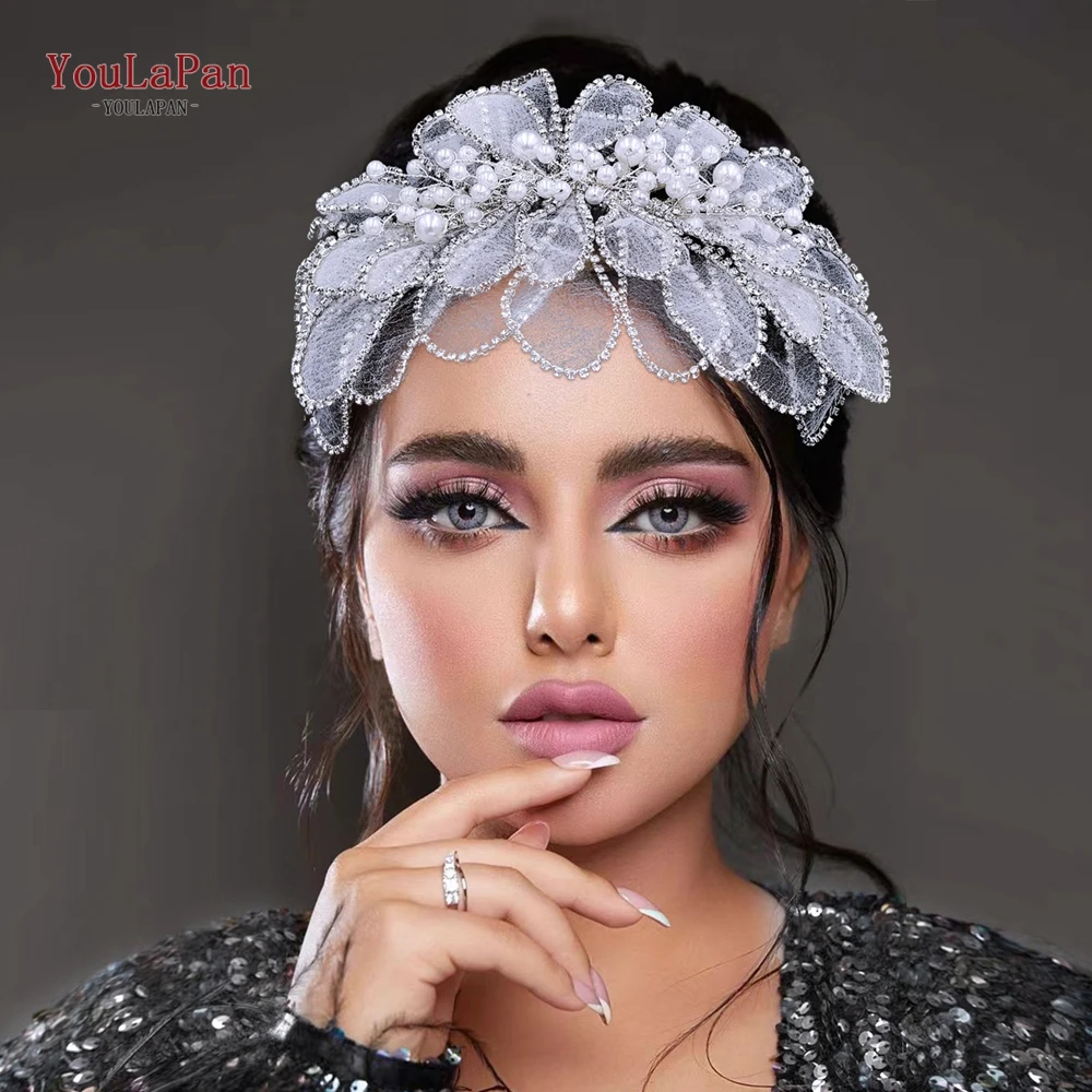 YouLaPan Handmade Mesh yarn Leaf Shape Headband Elegant Women Pearl Headwear Hair Accessories Rhinestone Wedding Headdress HP681