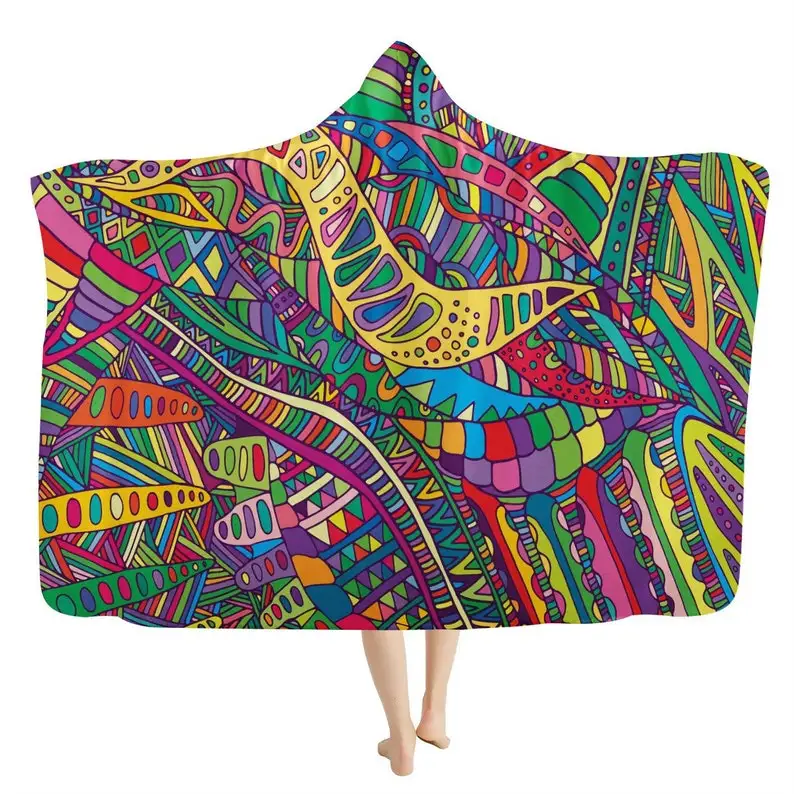 

Hippie Rainbow Receptors Hooded Blanket - Colorful Decorative Throw Blanket, Sherpa Fleece, Warm Cozy Hippie Blanket