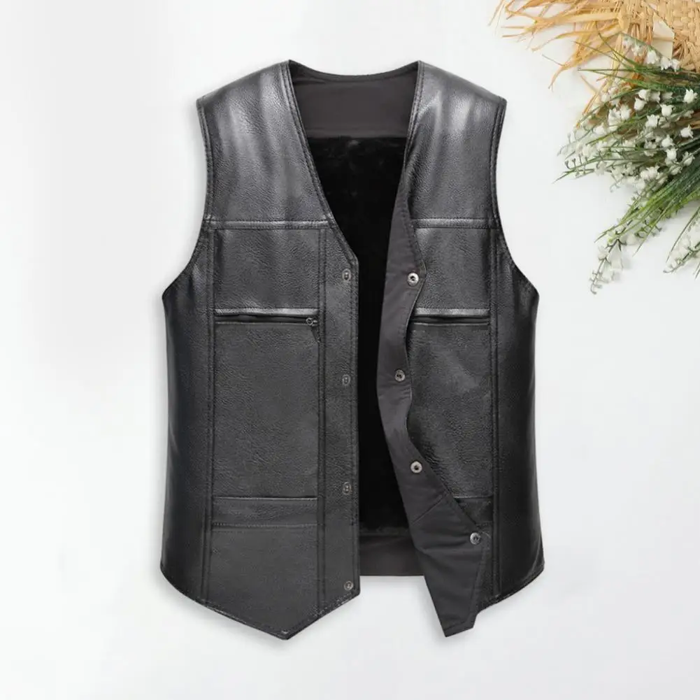 Description Picture 2 of itemMen Sleeveless Vest Stylish Men's Faux Leather Motorcycle Vest for Autumn Winter Single Breasted V-neck Sleeveless for Men