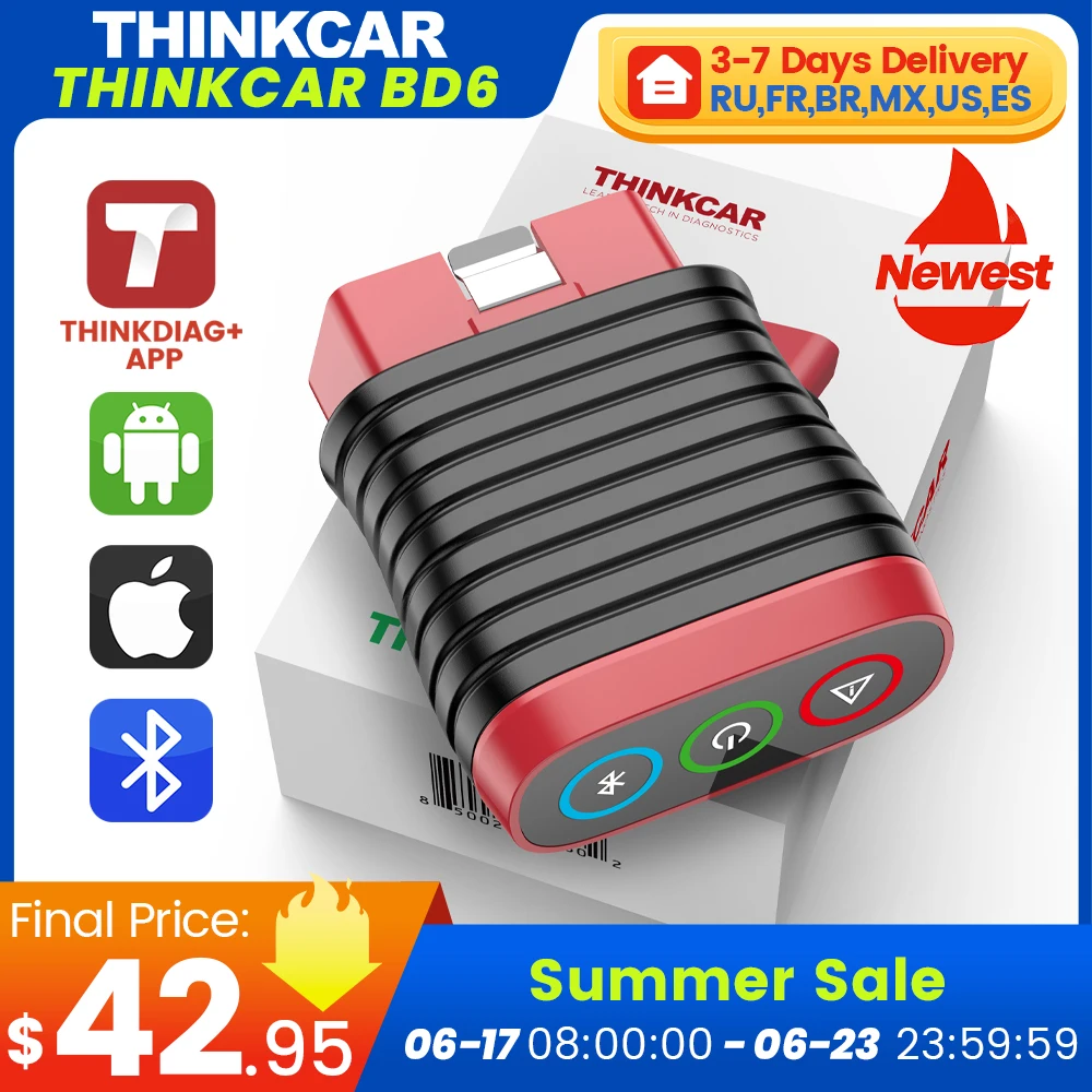 ThinkCar BD6 Scanner Scanner Bluetooth, беспроводной диагностический инструмент для iOS и Android, 5 Hot Reset Free Code Reader