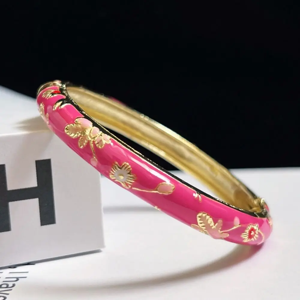Vintage Cloisonné Enamel Peony Filigree Double Bangle Bracelet