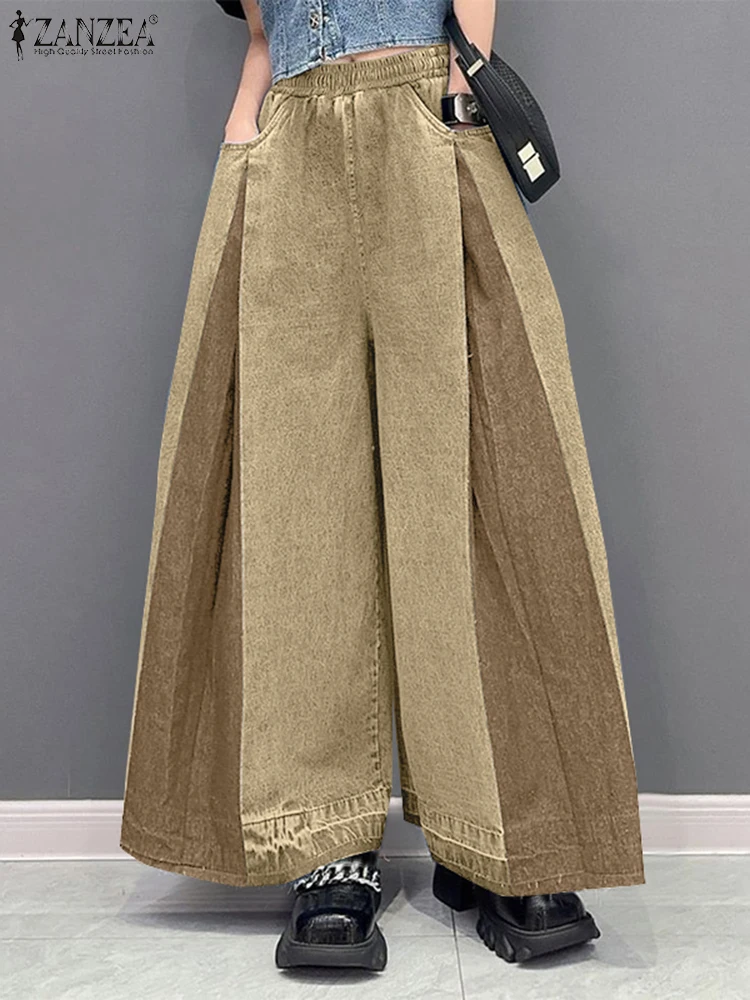Polyester Elastic Waist Wide Leg Pants for Women