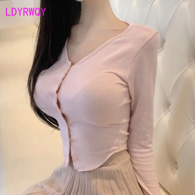 Корейский Dongmen Новый розовый темпераментный женский тонкий кардиган с пуговицами на груди женская футболка с длинным рукавом Топ