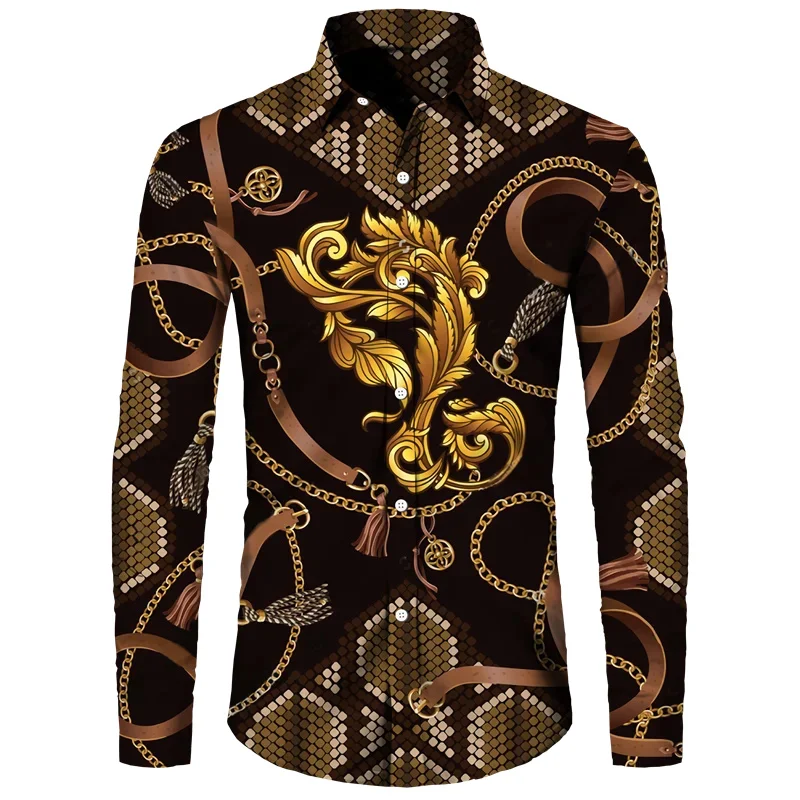 thumbnail image 1 of Camisa de manga larga con estampado 3D de cadena de flores doradas de lujo para hombre, ropa informal de diseñador para hombre, camisas con botones de solapa, 1 of 4