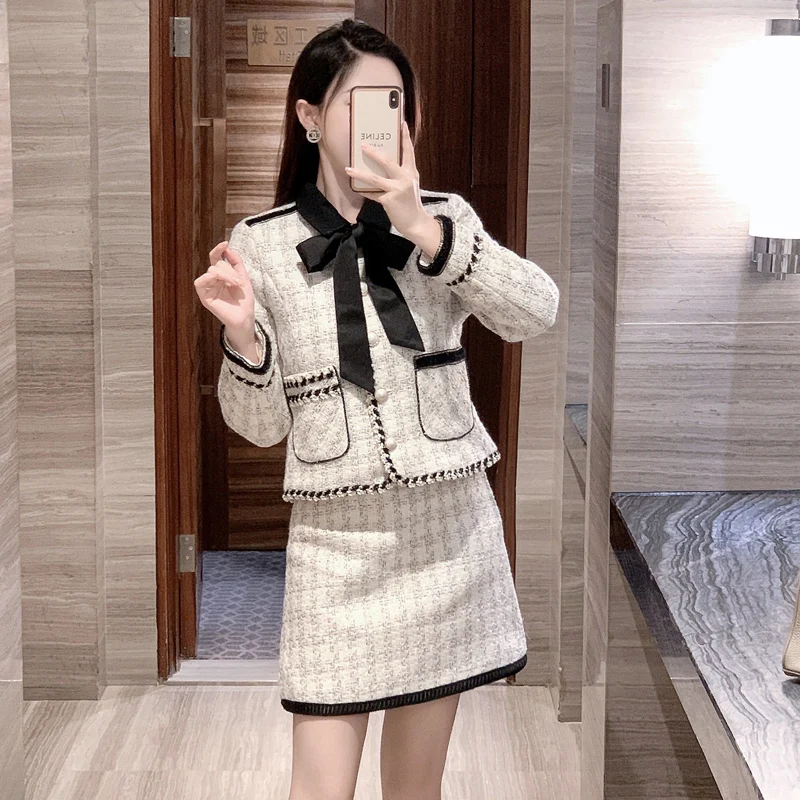 

Winter Women's Sweet Bow Tie Up Design Tweed Coat Jackets + High Waist Slim Skirts Suit For Ladies Two Peices Set Female