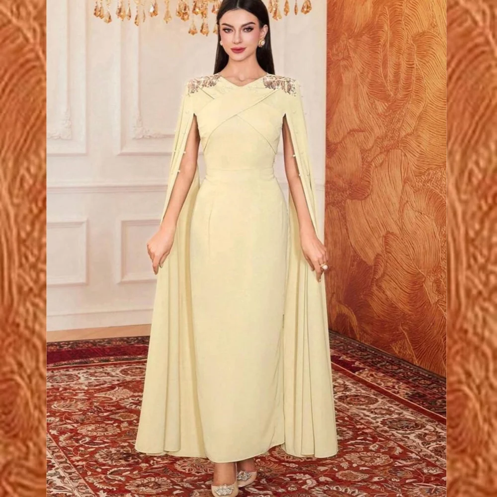 

Prom Dress Evening Saudi Arabia Jersey Beading Draped Criss-Cross Wedding Party A-line V-Neck Bespoke Occasion Gown Midi Dresses