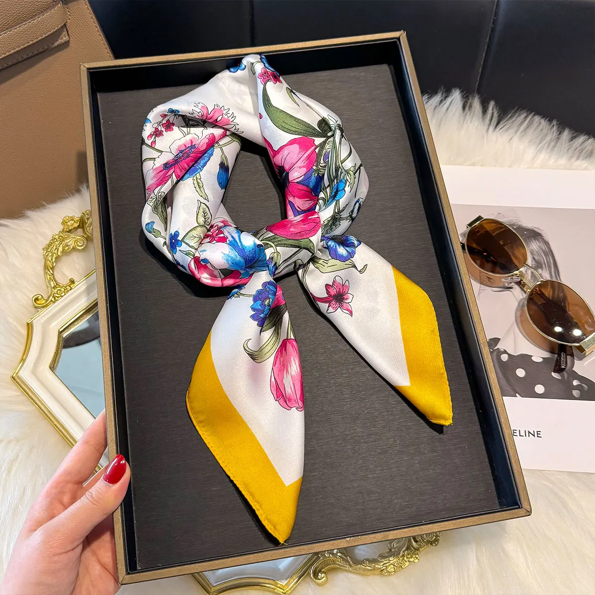 Spring and Autumn NEW Floral Square Scarf Women Satin Shawl Wrap Hijab Female Hair Luxury Headkerchief Sun Protection Bandana