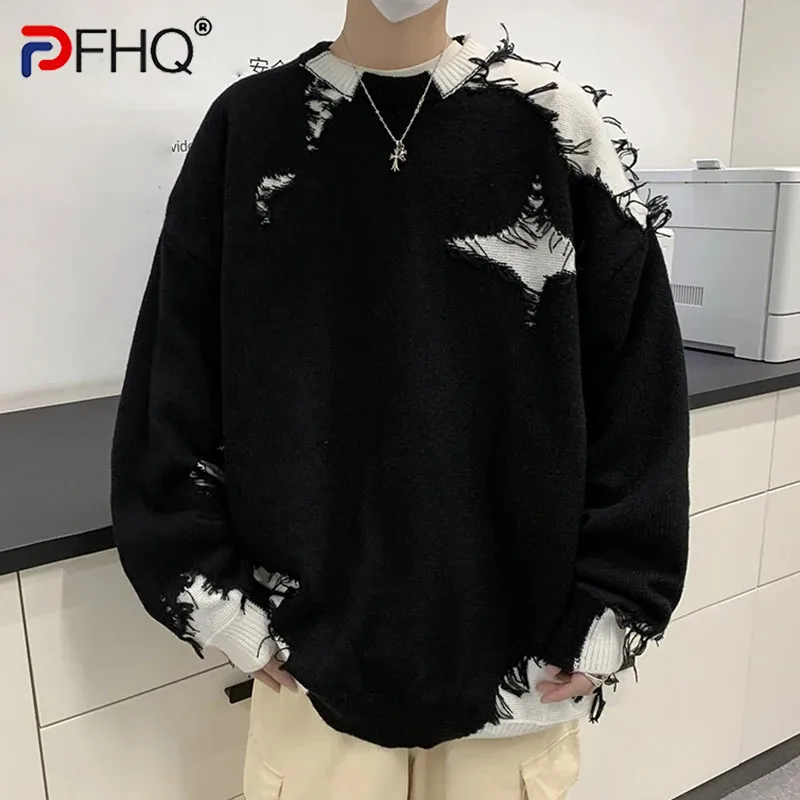 

PFHQ Men's American Worn Out Design Pullovers Knit Autumn Plush Handsome Loose Round Neck Darkwear Personality Sweater 21Z3334