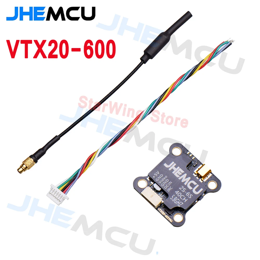 Vue latérale de l'émetteur FPV JHEMCU VTX20-600 5.8G 600MW 40CH avec câbles de signal et d'alimentation.