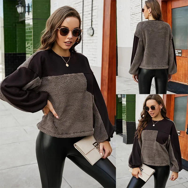 Double-sided Plush O-Neck Sweatshirts Women Patchwork Loose Casual Furry Pullovers Autumn Winter Simple Warm Tops Fashion Coats