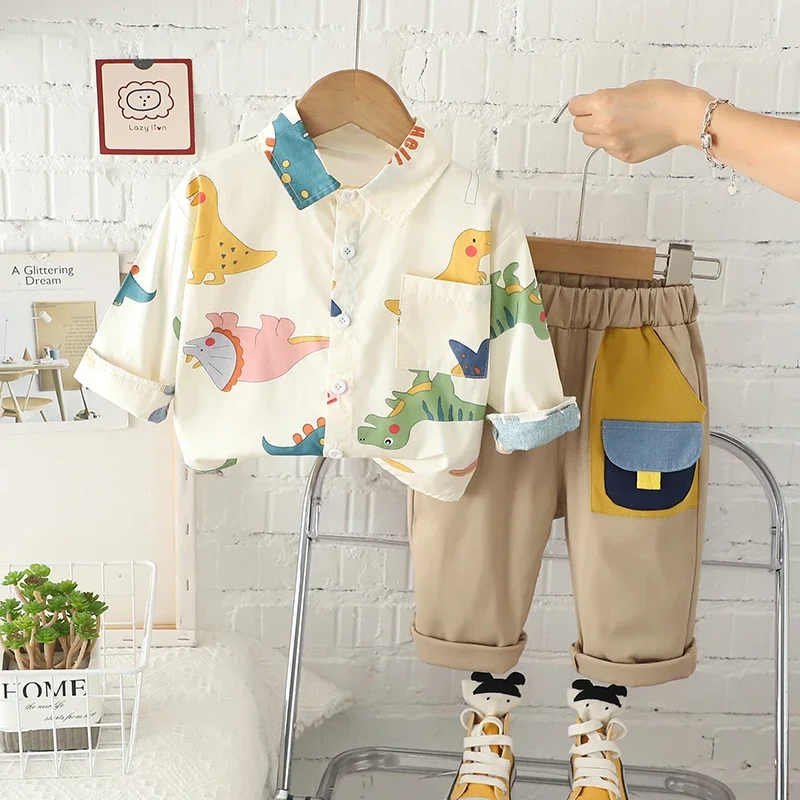 Autumn Spring Kids Boy Fashion Formal Clothing Set Plaid Shirt Pants 2pac/set 1 2 3 4 5 Years