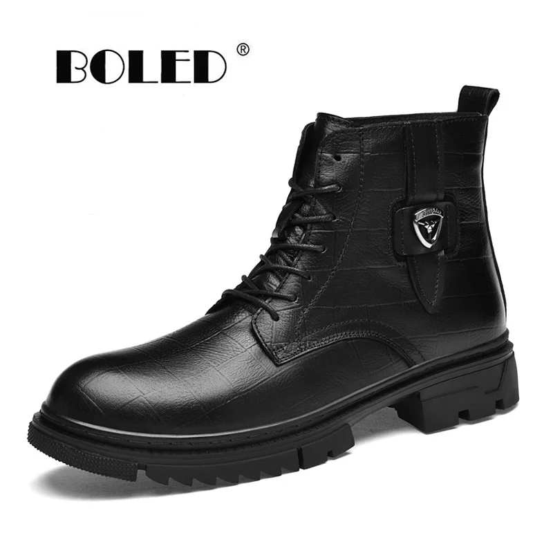 

Plus Size Autumn/Winter Shoes Men Plush Fur Boots Men Natural Leather Non-Slip Ankle Sonow Boots Rubble Sole Outdoor Men Shoes