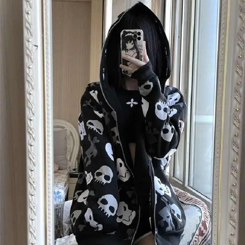 Gothic Skull Print Sweatshirt Women's Hoodie Womens Y2k Casual Wear Harajuku Vintage winter clothes women Zip Hoodie Couple 2022