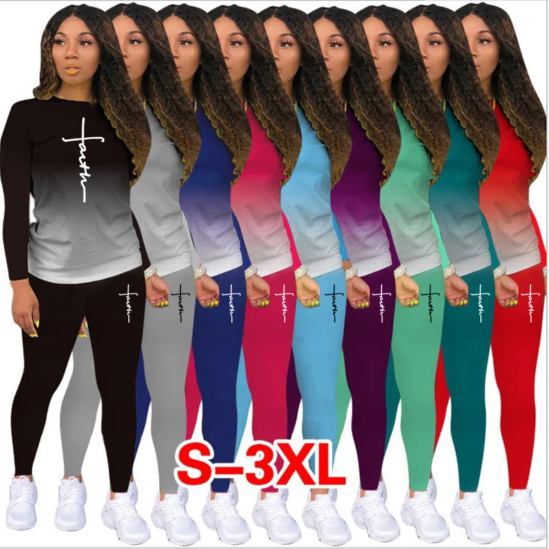 Faith Print Tracksuit Women Suit  Casual Sports Suit Long Sleeved Shirts Trousers Sportswear