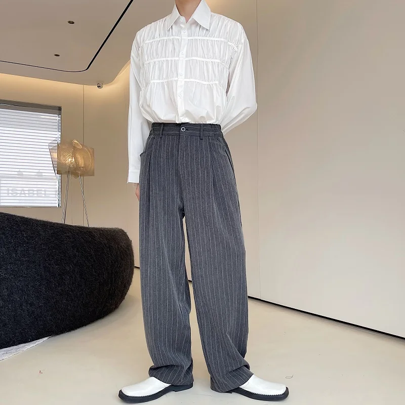 

2023Loose Stripe Men Straight Design Grey Simple Casual Wide Leg Pants Man Korean Streetwear Fashion Vintage Pant Long Trousers