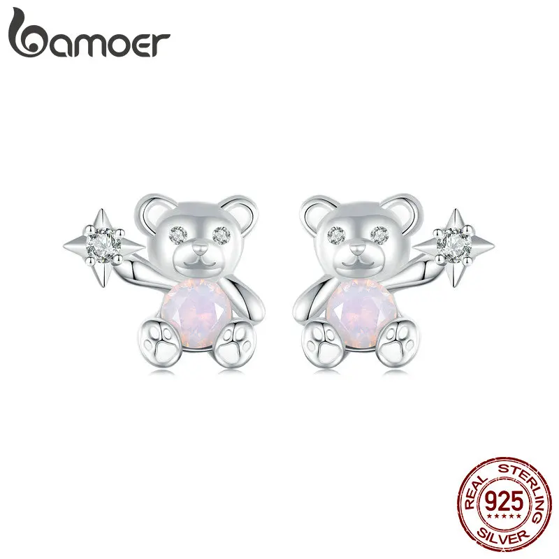 

BAMOER 925 Sterling Silver Bear Cute Animal Stud Earrings Embellished with Opal for Women & Girls Fashion Jewelry Gifts