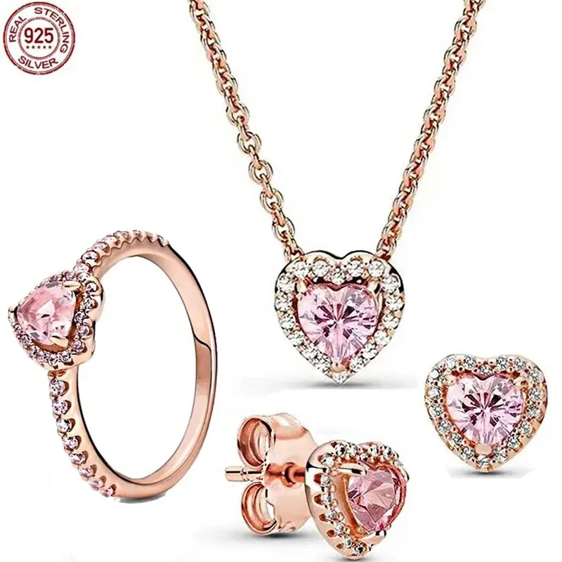 

Fashionable Pink Series Set 925 Sterling Silver Heart Charm Ring Necklace Earrings fits Original DIY Exquisite Jewelry Gifts