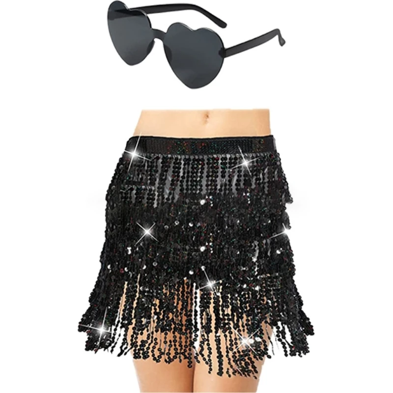 

3Pcs/Set Women Belly Dance Wear Black Sequin Fringe Skirts PU Leather Bracelet and Heart Frame Glasses Kits for Party R7RF