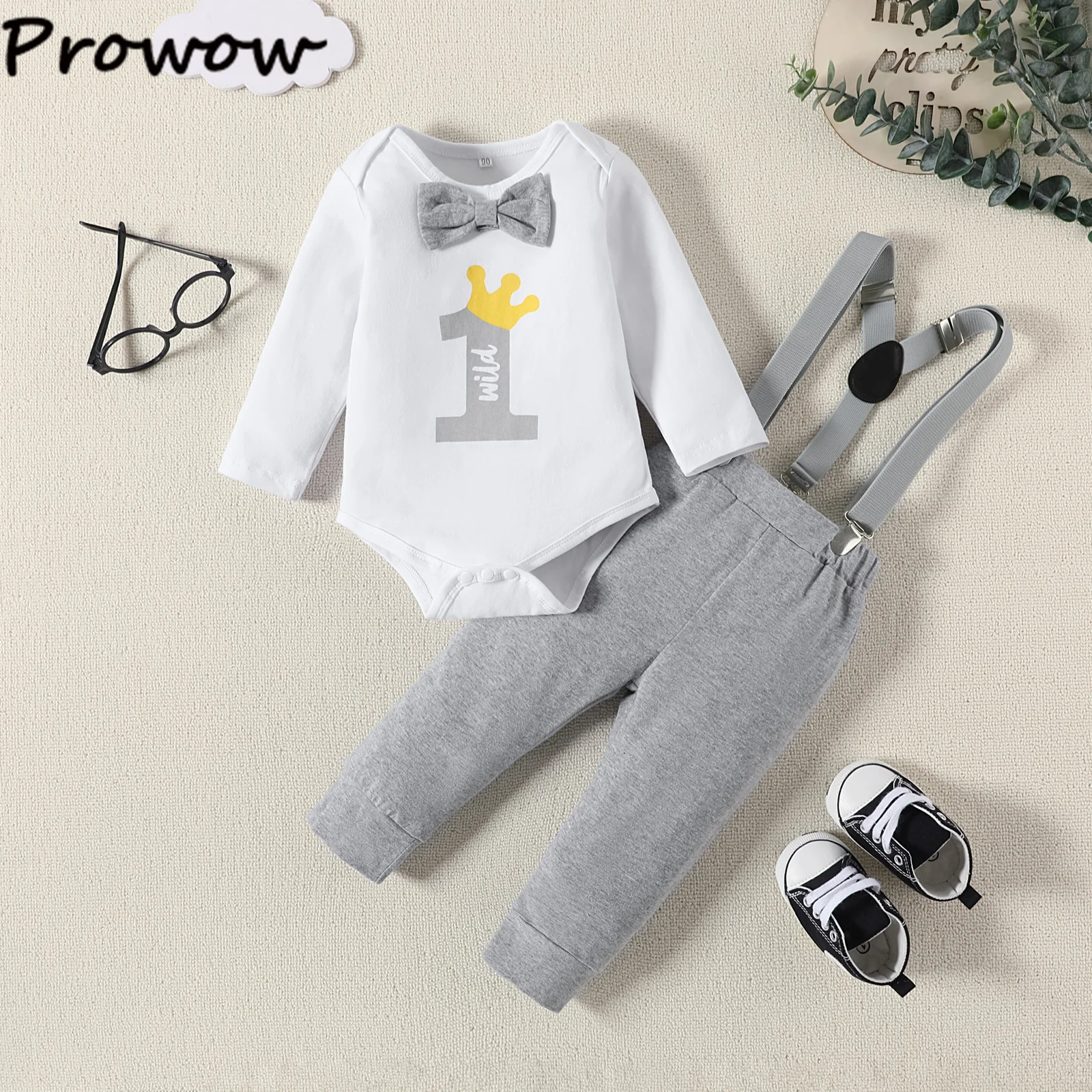 Prowow 첫 번째 생일 소년 의상, 레터 One 바디 수트 및 서스펜더 작업복, 첫 번째 생일  소년 옷, 0-18M