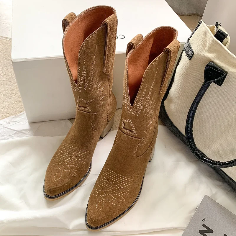 

2022 New Women Knee High Boots Leather Cowboy Boots Pointed Toe Slip-On Western Girls Motorcycle Shoes Woman Ladies PU