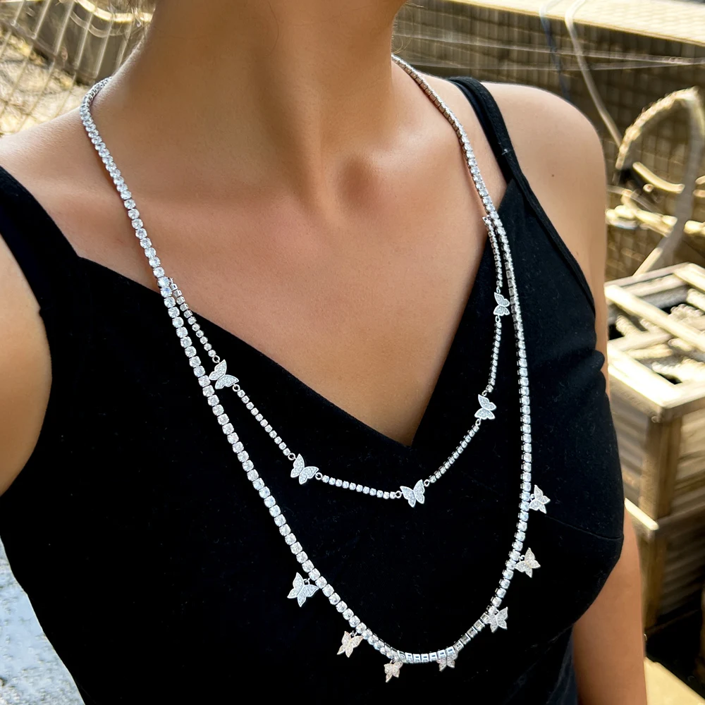 ThreeGraces 82cm Elegant Cubic Zirconia Silver Color Insect Butterfly Long Sweater Chain Necklace for Women Party Jewelry PN199