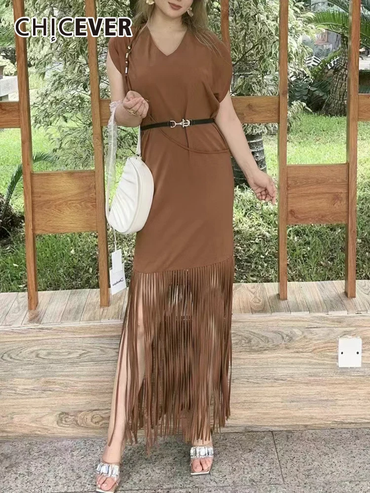 

CHICEVER Patchwork Tassel Dresses For Women V Neck Sleeveless High Waist Solid Folds Loose Summer A Line Maxi Dress Female 2023