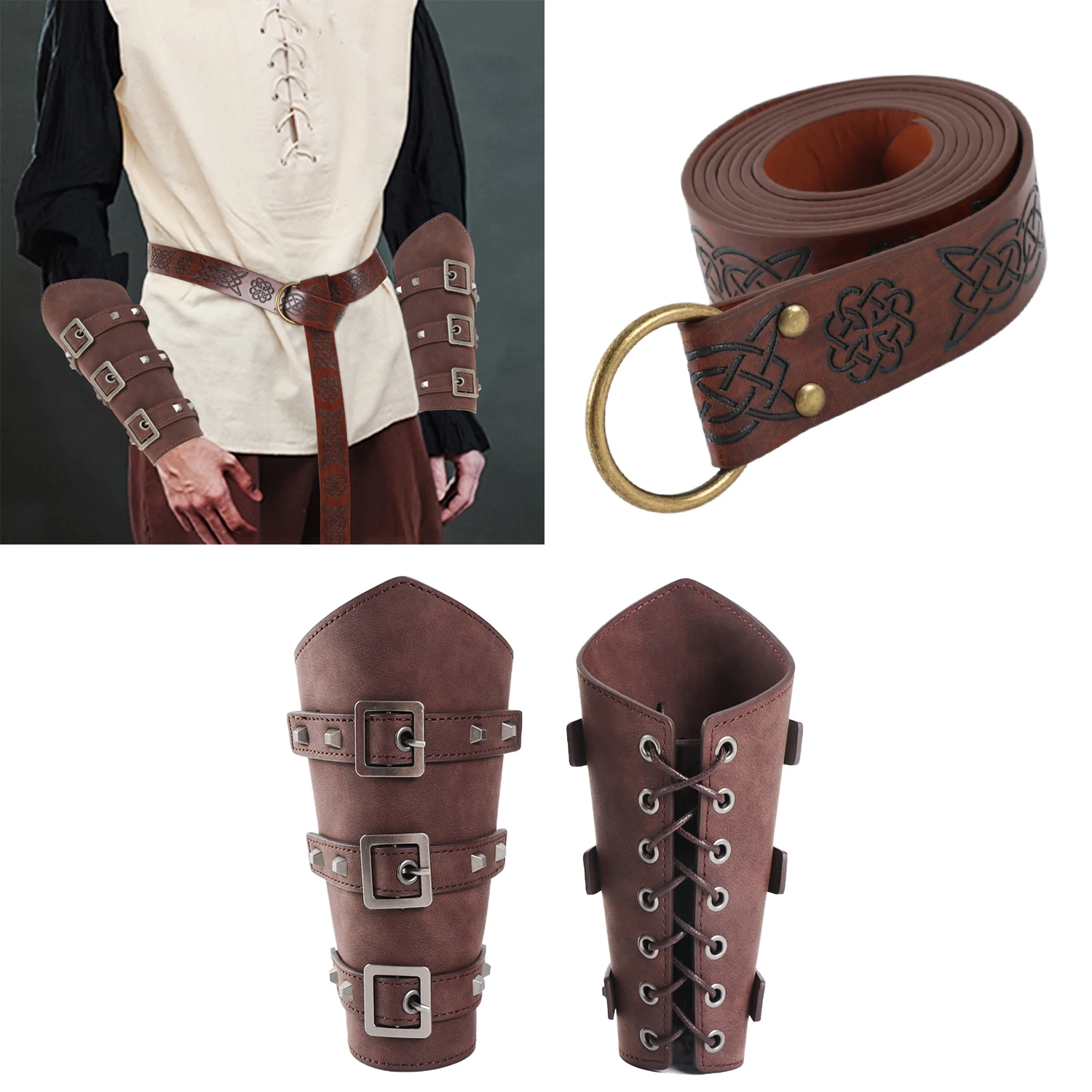 

Medieval Knight PU Leather Rivet Wristband Viking Retro Print Belt Masquerade Performance Props Animation Accessories