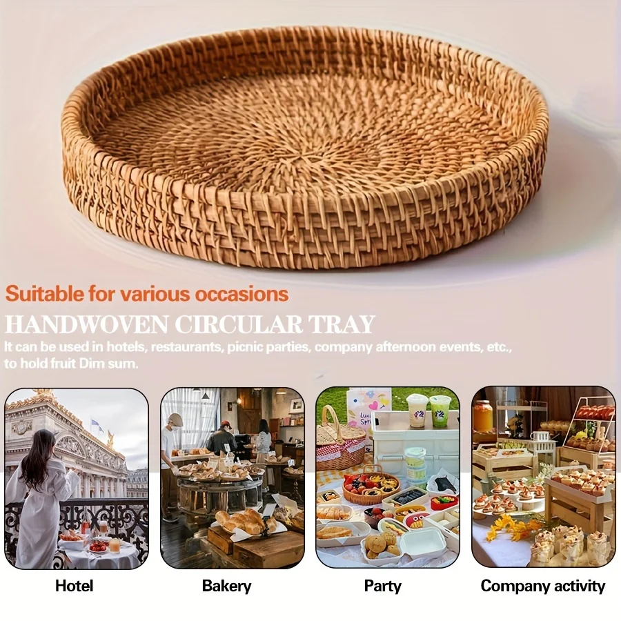 Hand-woven Japanese Bread Basket Steamed Bun Fruit Basket Living Room Household Round Tray Storage Basket 2