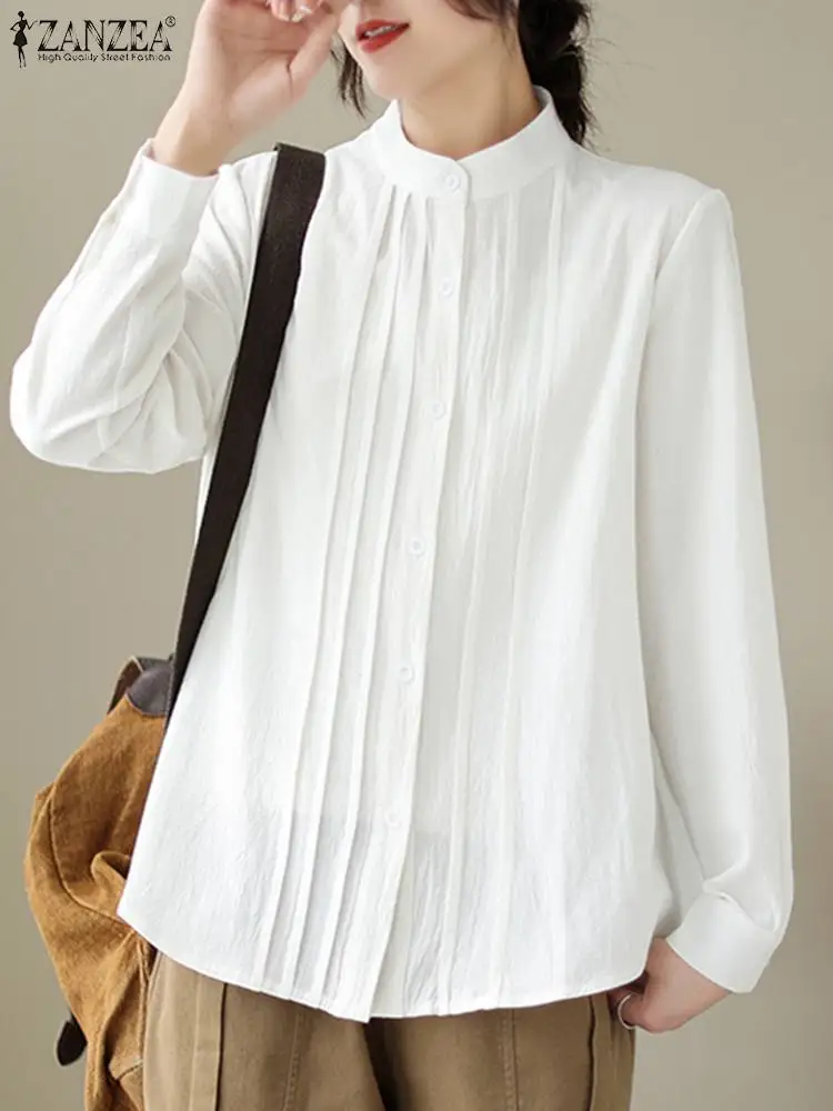 

ZANZEA Fashion Autumn Blouse Women Elegant Stand Neck Shirt Casual Solid Full Sleeve Tops Female Loose Work Holiday Blusas Tunic