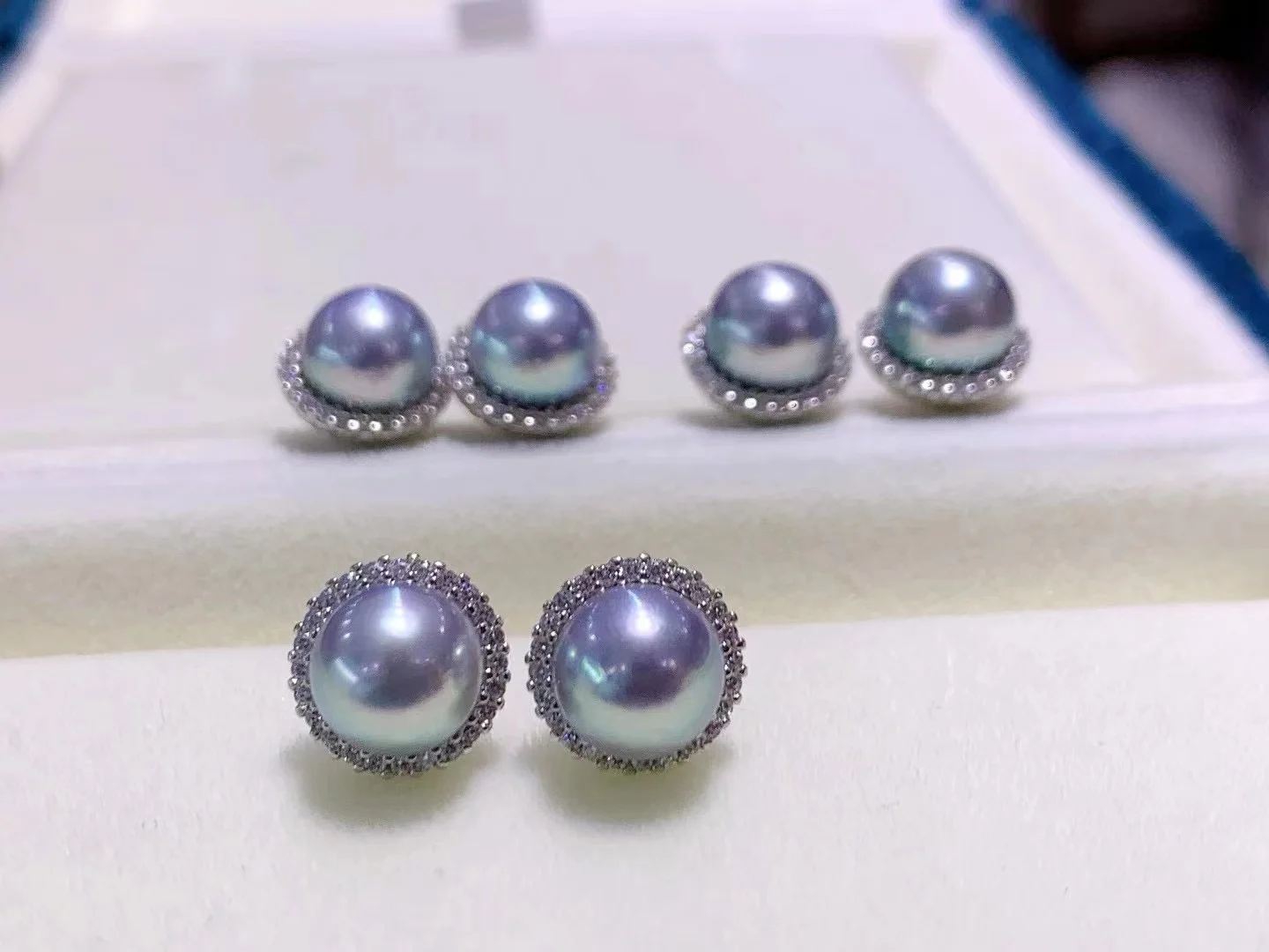 

925 Sterling Silver 7.5-8mm AKOYA Pearl Earrings for Women Sunflower Shaped Blue Gray Round Beads Fine Wedding Party Gifts
