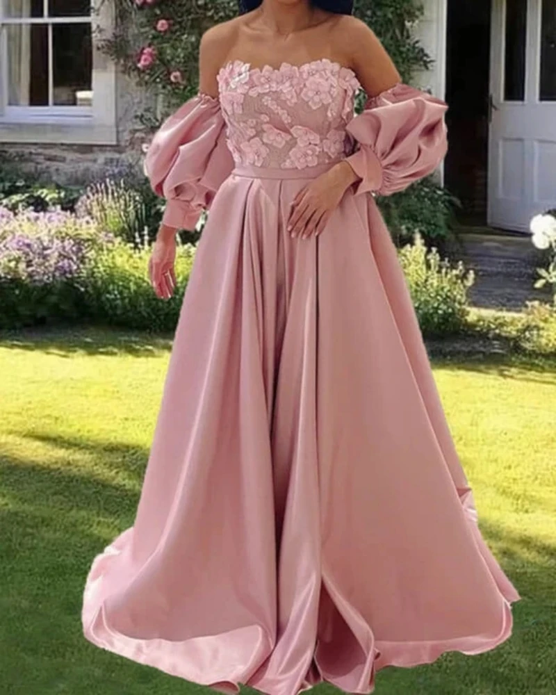 

Ashely Alsa Modern Pink Prom Dresses With Sleeve Strapless Flower Corset A Line Satin Women Formal Evening Dress Bridesmaid Gown