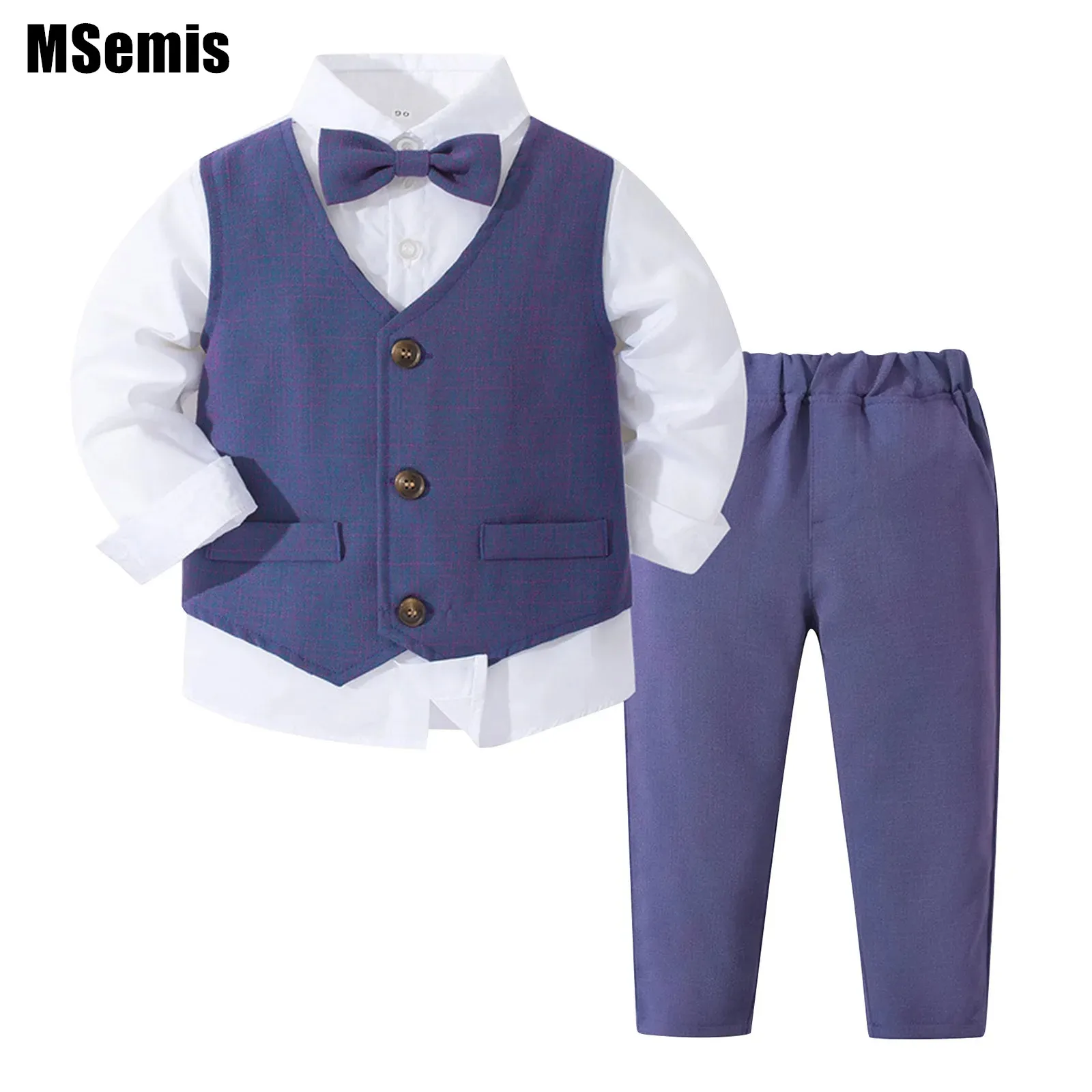 

Kids Boys Three-Piece Gentleman Outfits Long Sleeve Shirt with Bowtie Pointed Hem Vest And Elastic Waist Pants Suit