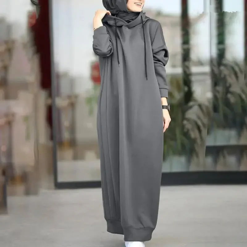 Muslim Women's Autumn Clothing Solid Color Plush Cloth Hooded Drawstring Loose Casual Pocket Long Sleeve Women's Sweater Women