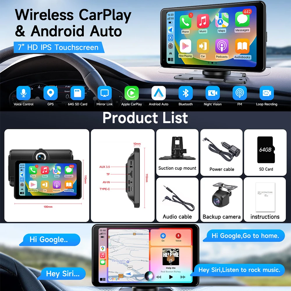 4K DVR 7 Inch Portable Wireless Carplay Screen For Car Multimedia Radio Player Audio Stereo CarPlay Android Auto Player Screen