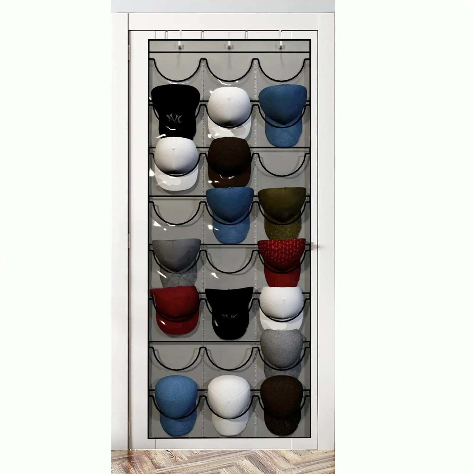 Hat Organizer Racks for Baseball Caps Visible Hat Holder with 3 Hooks Wall Hanging Hat Organizer 24 Deep Pockets for Wall Door