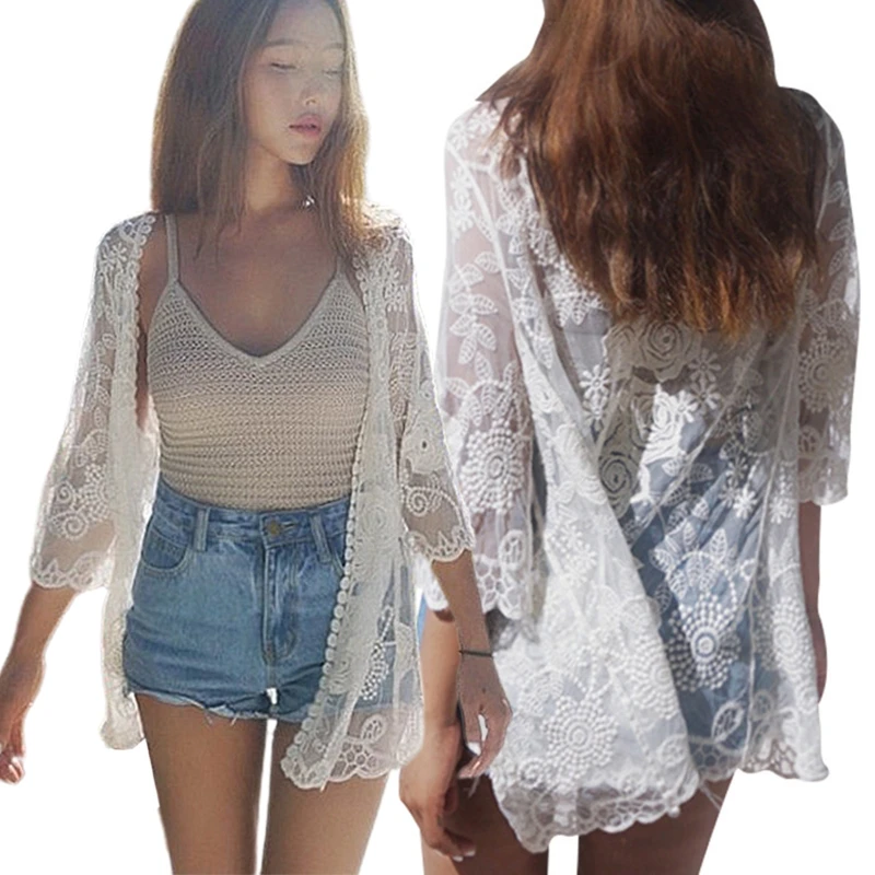 

Women Summer Lace Open Front Kimono Cardigan Crochet Floral Leaves Pattern Sheer Mesh Swimsuit Cover Up See Through Beach Blouse